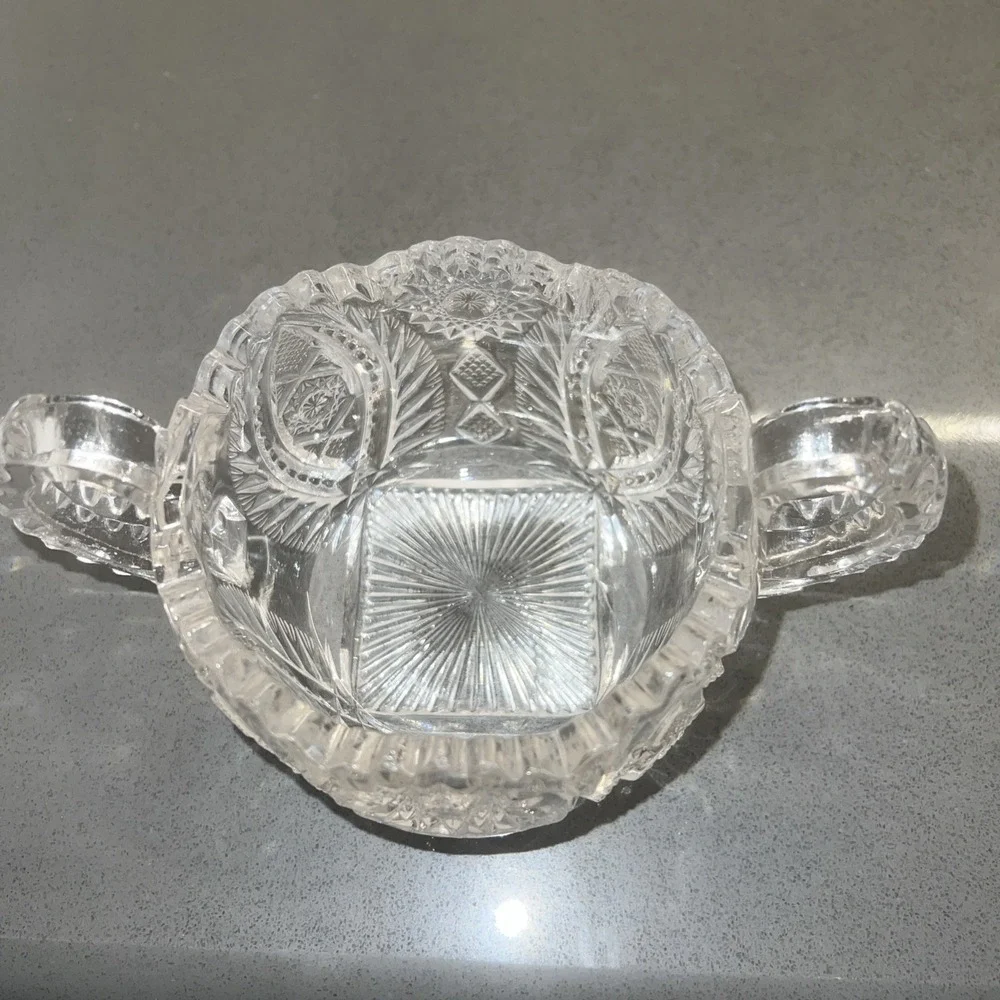 Vtg American Brilliant Period Cut Glass Sugar Bowl Double Handle Sawtooth